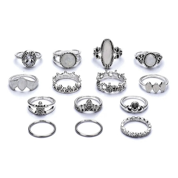 **CLEMENCY* 14-Pc Silver x Opal Fashion Ring Set - Picture 2 of 7
